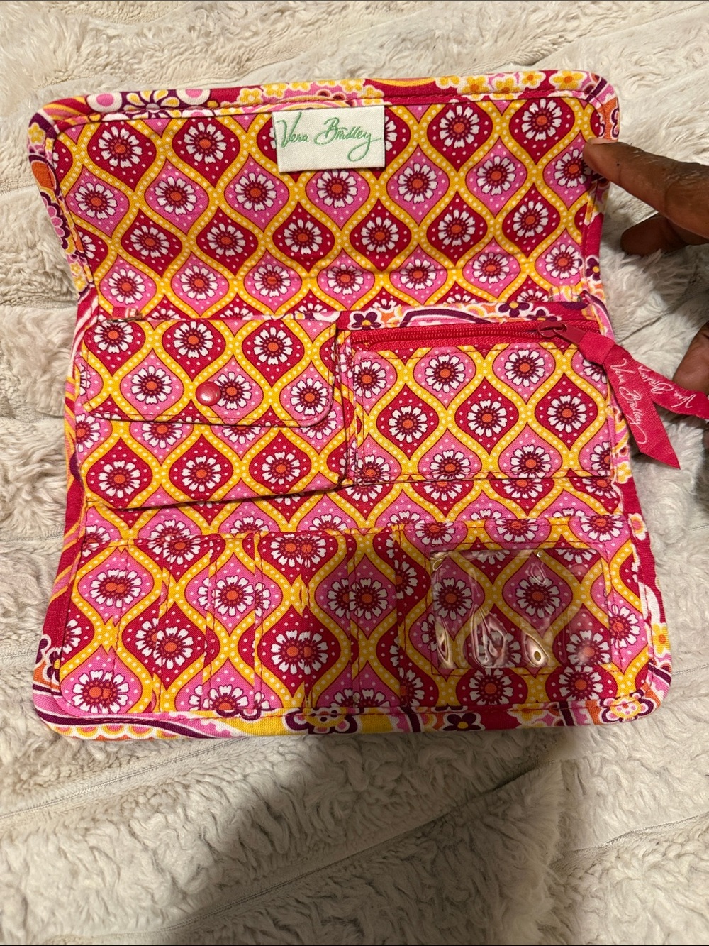 Vera Bradley Pink and Yellow Quilted Travel Pouch with Floral Geometric Pattern
